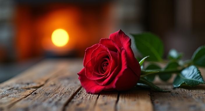 Een enkele rode roos op een verweerd houten tafel. Een enkele rode roos op een verweerd houten tafel