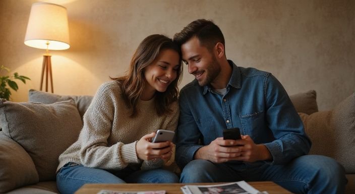 Een jonge vrouw en man lachen samen op een bank. Een jonge vrouw en man lachen samen op een bank