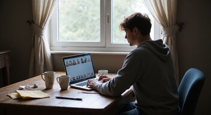 Een man werkt vermoeid aan een rommelig bureau met een laptop. Een man werkt vermoeid aan een rommelig bureau met een laptop