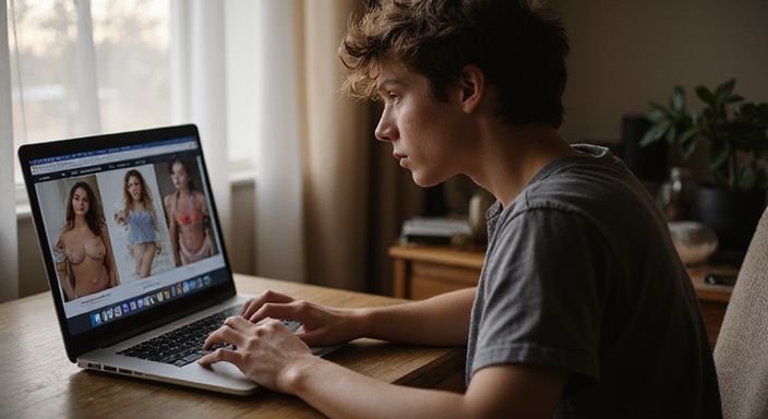 Een jonge volwassene zit geconcentreerd achter een laptop aan een bureau. Een jonge volwassene zit geconcentreerd achter een laptop aan een bureau