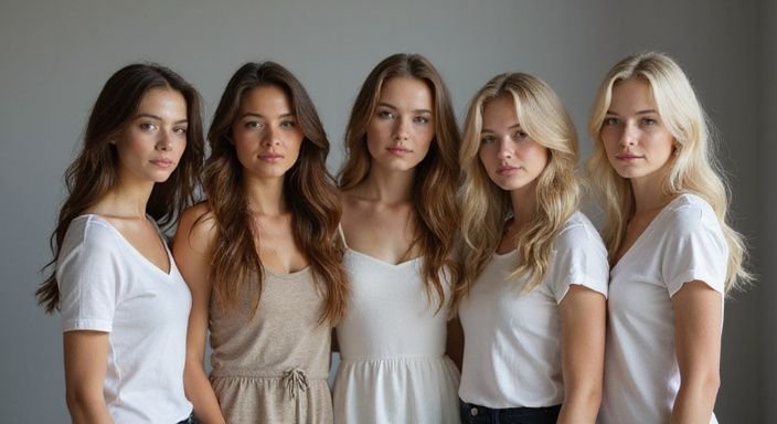 Een diverse groep modellen in eenvoudige, goed passende kleding. Een diverse groep modellen in eenvoudige, goed passende kleding