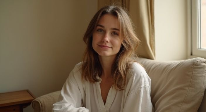 Een jonge vrouw in een comfortabele, warme kamer met een ontspannen houding. Een jonge vrouw in een comfortabele, warme kamer met een ontspannen houding