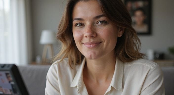 Een vrouw met een speelse lach kijkt naar het scherm. Een vrouw met een speelse lach kijkt naar het scherm