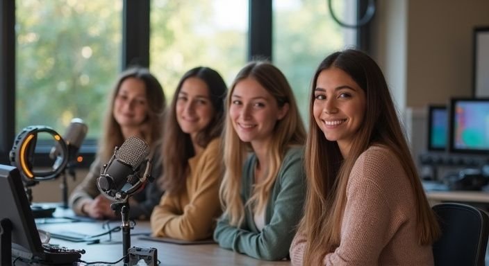 Een groep vrouwen in een moderne streamingstudio met ontspannen uitstraling. Een groep vrouwen in een moderne streamingstudio met ontspannen uitstraling