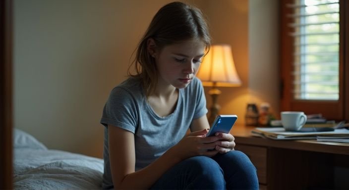 Een tienermeisje met een smartphone, zichtbaar bezorgd en geconcentreerd. Een tienermeisje met een smartphone, zichtbaar bezorgd en geconcentreerd