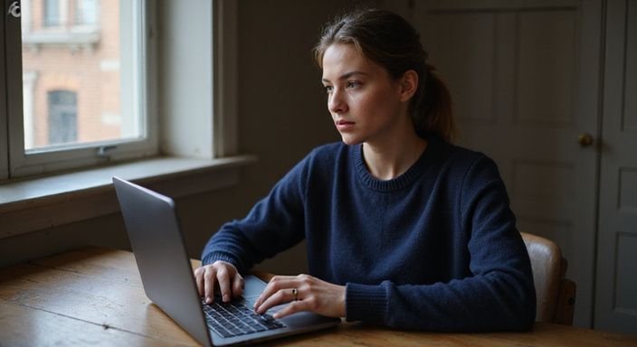 Een jonge vrouw typt geconcentreerd op een laptop aan een bureau. Een jonge vrouw typt geconcentreerd op een laptop aan een bureau tijdens sexchatten