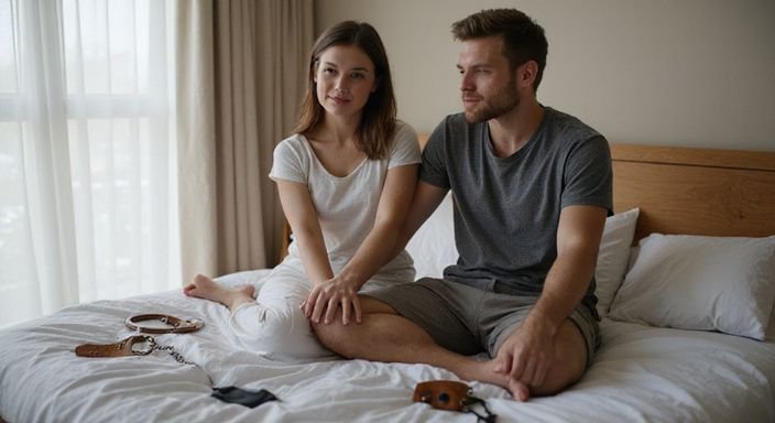 Een stel op een bed, omringd door handboeien en een blinddoek geniet van sexcontact in Antwerpen.
