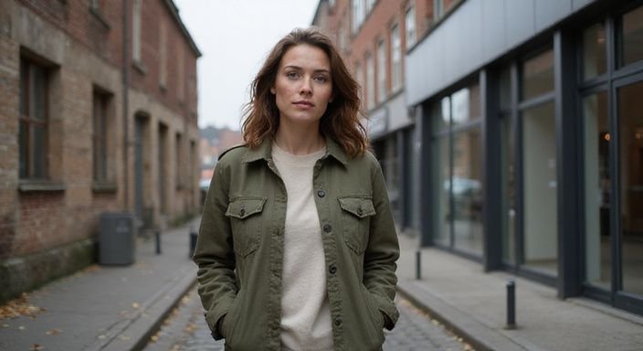 Een vrouw wandelt ontspannen over een geplaveide straat in Antwerpen.