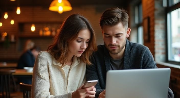 Een vrouw en man kijken naar hun telefoons in een café.