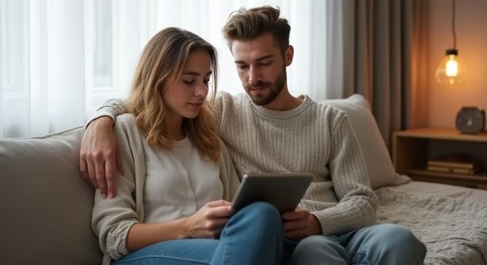 Een jong stel zit ontspannen op een bank in een slaapkamer.