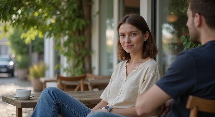 Een vrouw in een café geniet van een intiem gesprek