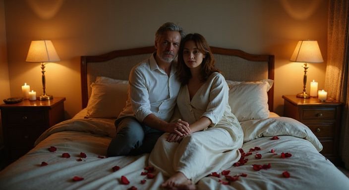 Een stel geniet van een intieme moment in een sfeervolle slaapkamer