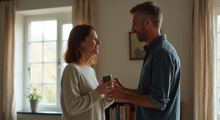 Een paar geniet van een intiem moment in hun woonkamer