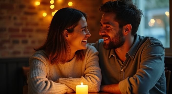 Een man en vrouw genieten van een vrolijk moment in een restaurant