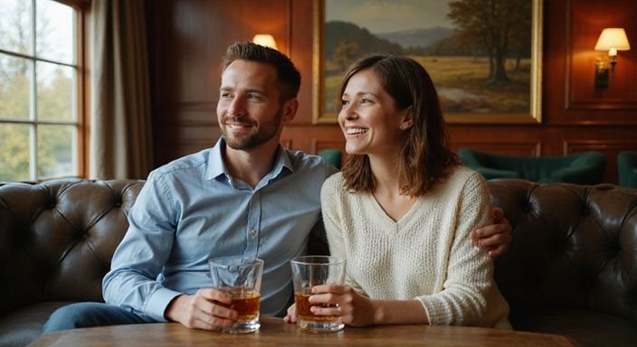 Een stel geniet van een ontspannen gesprek op een luxe bank