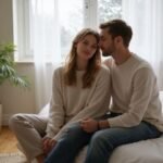 Zoek jij naar opwindend Sexcontact Limburg? Een jong koppel zit intiem op de rand van een bed