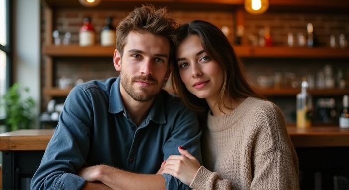 Een jongeman en jongedame zitten gezellig aan een houten bar
