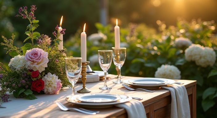 Een mooi gedekte tafel in een rustige tuin met bloemen