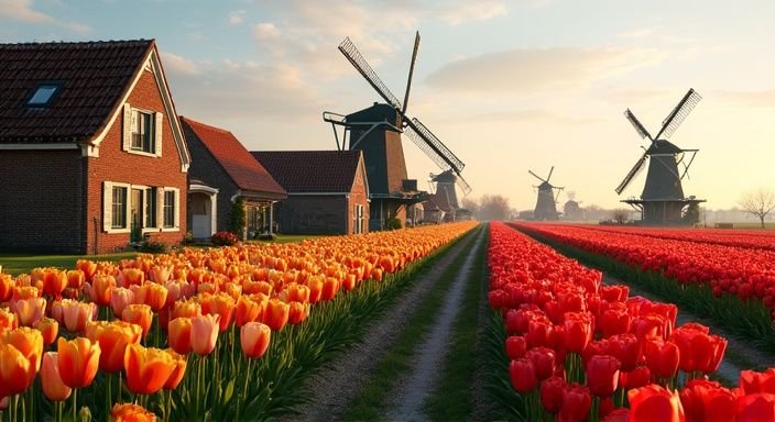 Een schilderachtig Hollands dorp met tulpenvelden en traditionele windmolens
