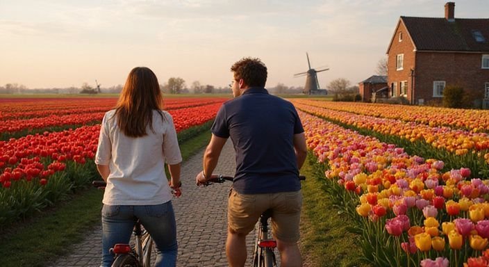 Een man en vrouw fietsen door tulpenvelden in Noord Holland