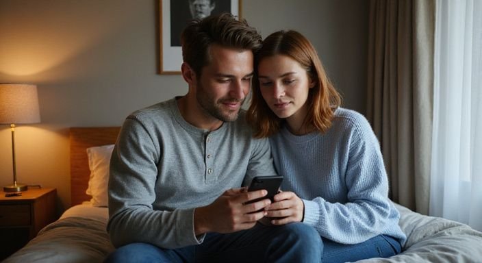 Een stel geniet van een intiem moment op bed met een smartphone