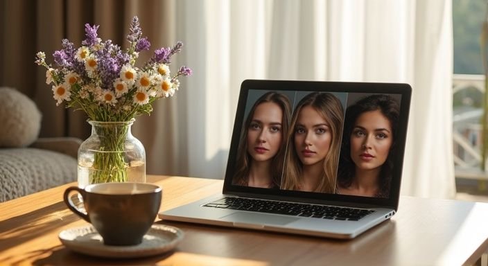 Een gezellige woonkamer met een laptop, thee en verse bloemen.