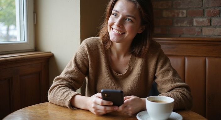 Een vrouw in een café, genietend van haar smartphone en koffie.