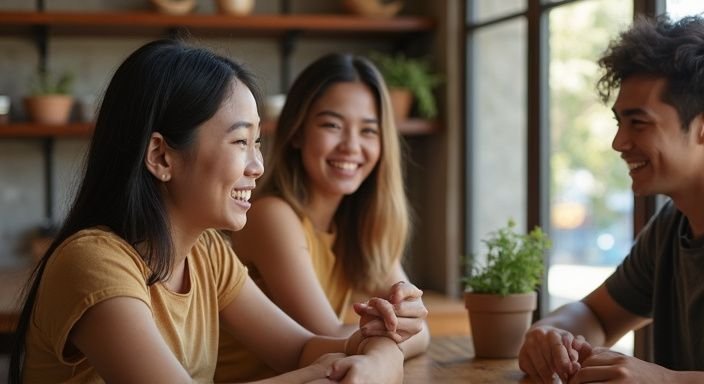 Groep jonge volwassenen geniet van een ontspannen moment in een café.