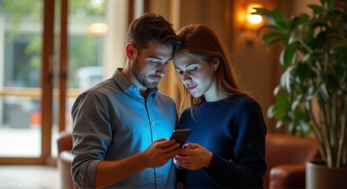 Een stel bekijkt samen seksuele veiligheidsrichtlijnen op hun smartphones