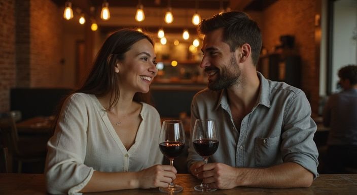 Een man en vrouw lachen samen aan een houten tafel in een restaurant.