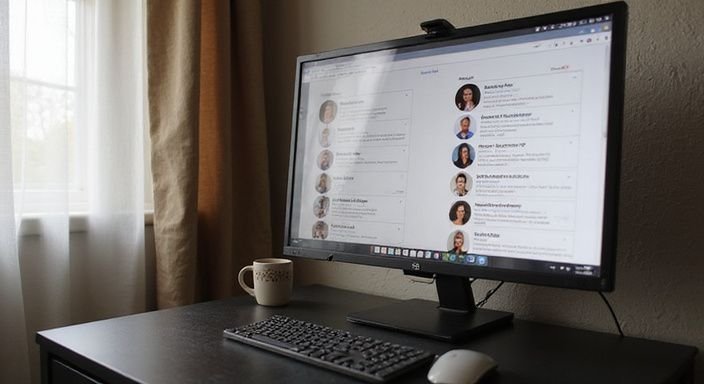 Een kantoorruimte met een computer en online ontmoetingsplatform