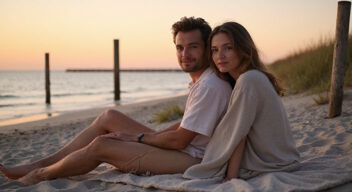 Een man en vrouw genieten samen op het strand bij zonsondergang