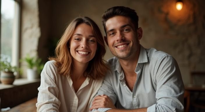 Een vrouw en een man delen een warme lach aan een tafel