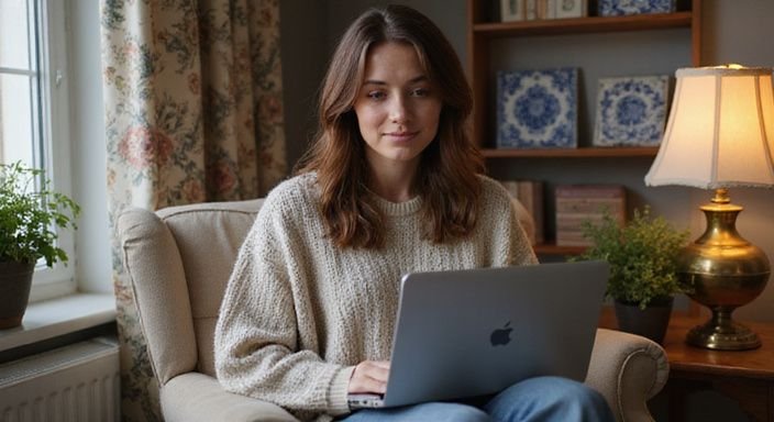 Een vrouw in een comfortabele fauteuil werkt met een laptop. Een vrouw in een comfortabele fauteuil werkt met een laptop