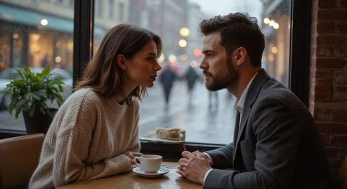 Een man en vrouw delen een intieme conversatie in een café