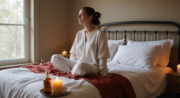 Een uitnodigende slaapkamer met een ontspannen persoon op het bed. Een uitnodigende slaapkamer met een ontspannen persoon op het bed