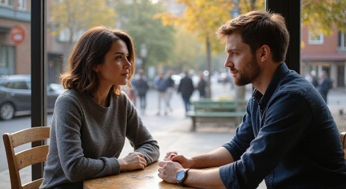 Een vrouw en man delen een intiem gesprek aan een cafétafel