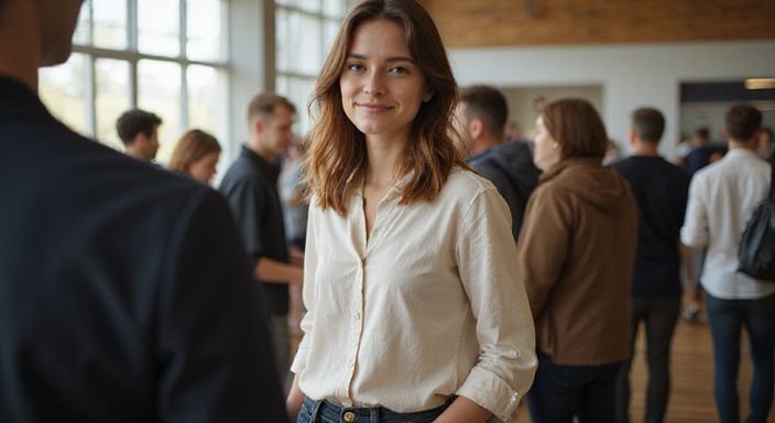 Een jonge vrouw in een casual outfit staat tussen een drukke menigte