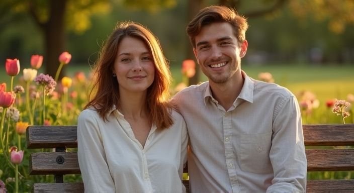 Een jong stel zit intiem op een houten bank in het park