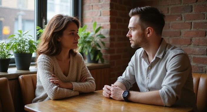 Een man en vrouw zitten oprecht in gesprek in een koffiehuis