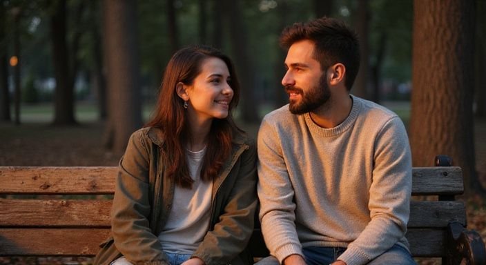 Een man en vrouw zitten samen op een parkbank en converseren