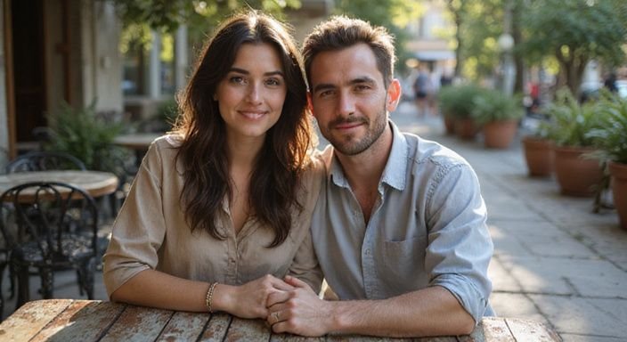 Een vrouw met een warme glimlach zit gezellig naast een man