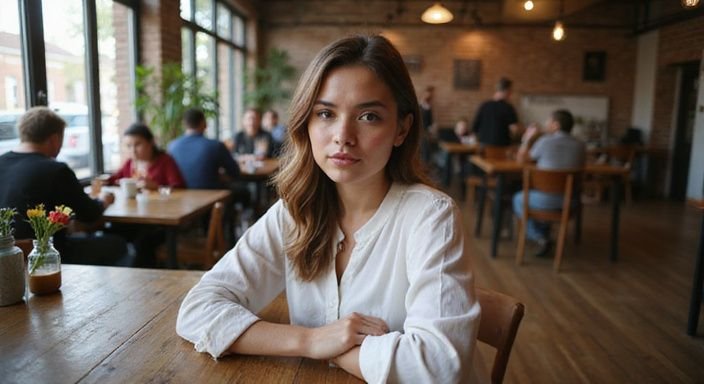 Een vrouw in een café, verdiept in gesprek aan een houten tafel