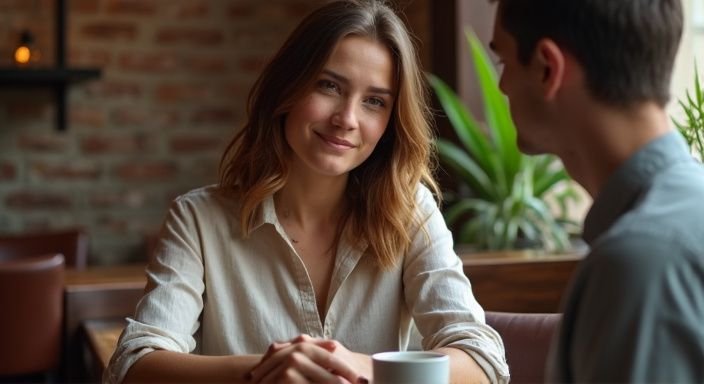 Een jonge vrouw in een koffiehuis, vriendelijk en aandachtig