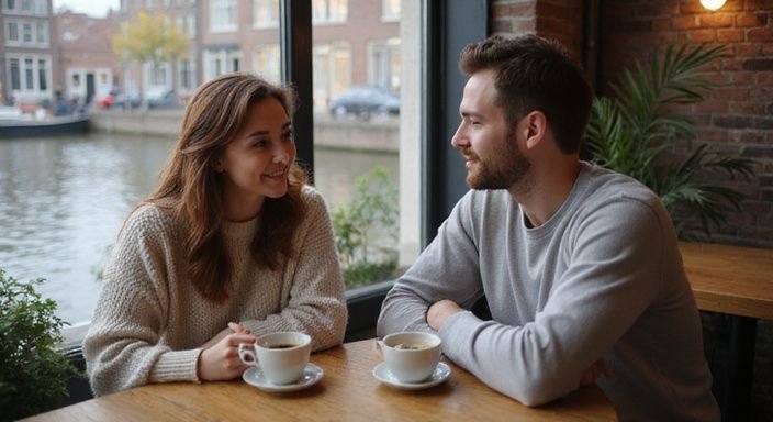 Een man en vrouw genieten van elkaars gezelschap in een café