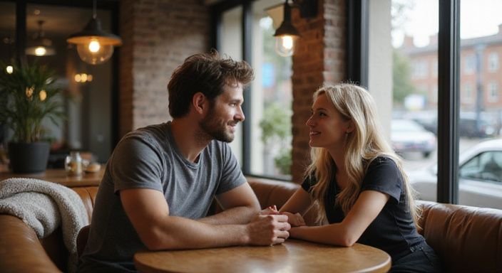 Een man en vrouw lachen en kijken elkaar aan tijdens speeddating