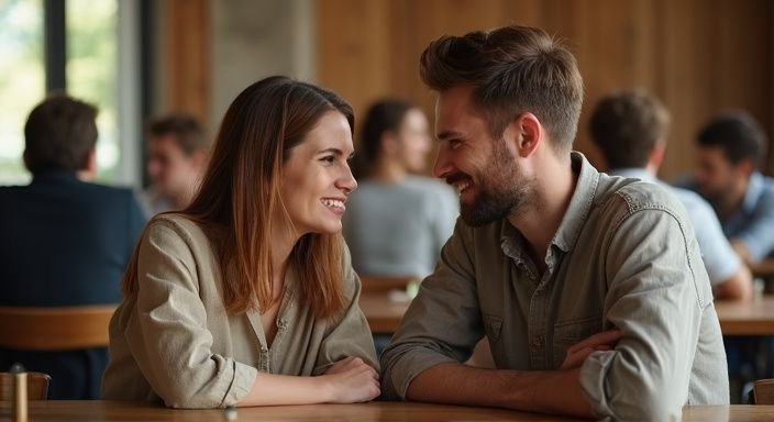 Een vrouw en man delen een verbonden moment tijdens speed dating