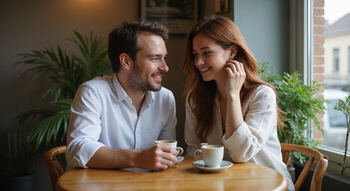 Een man en vrouw genieten van een intiem moment in een café