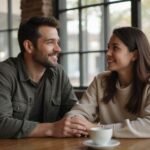 Een man en vrouw delen een intiem moment in een café