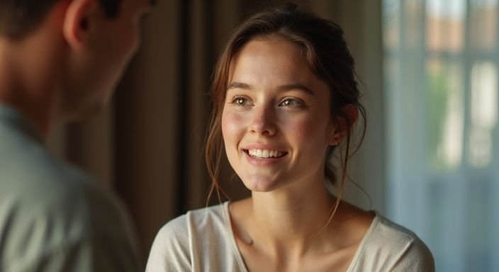 Een jonge vrouw glimlacht warm en lijkt aandachtig te luisteren